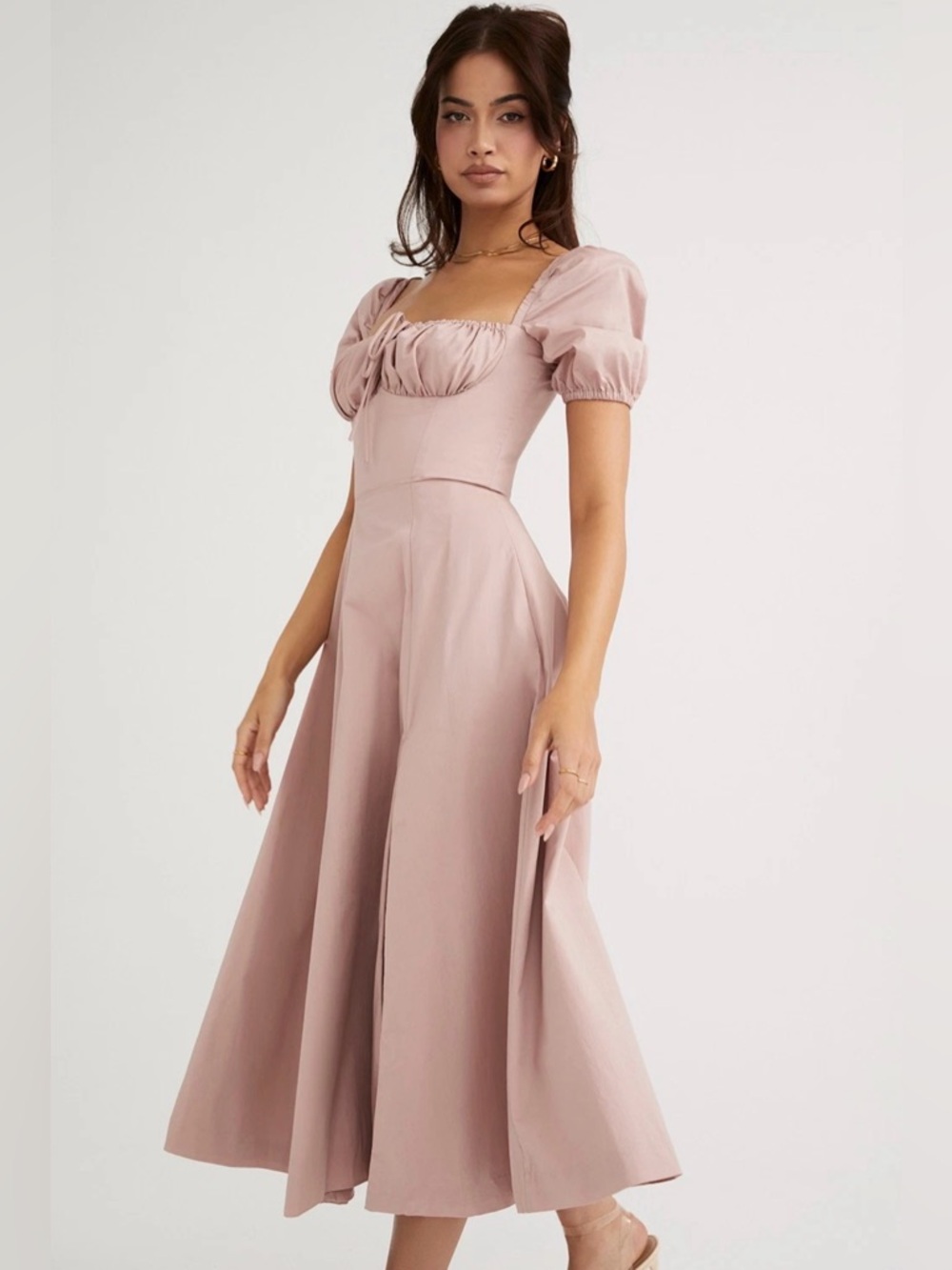 House of CB ‘Tallulah’ Blush Pink Puff Sleeve Midi Corset A-line Dress